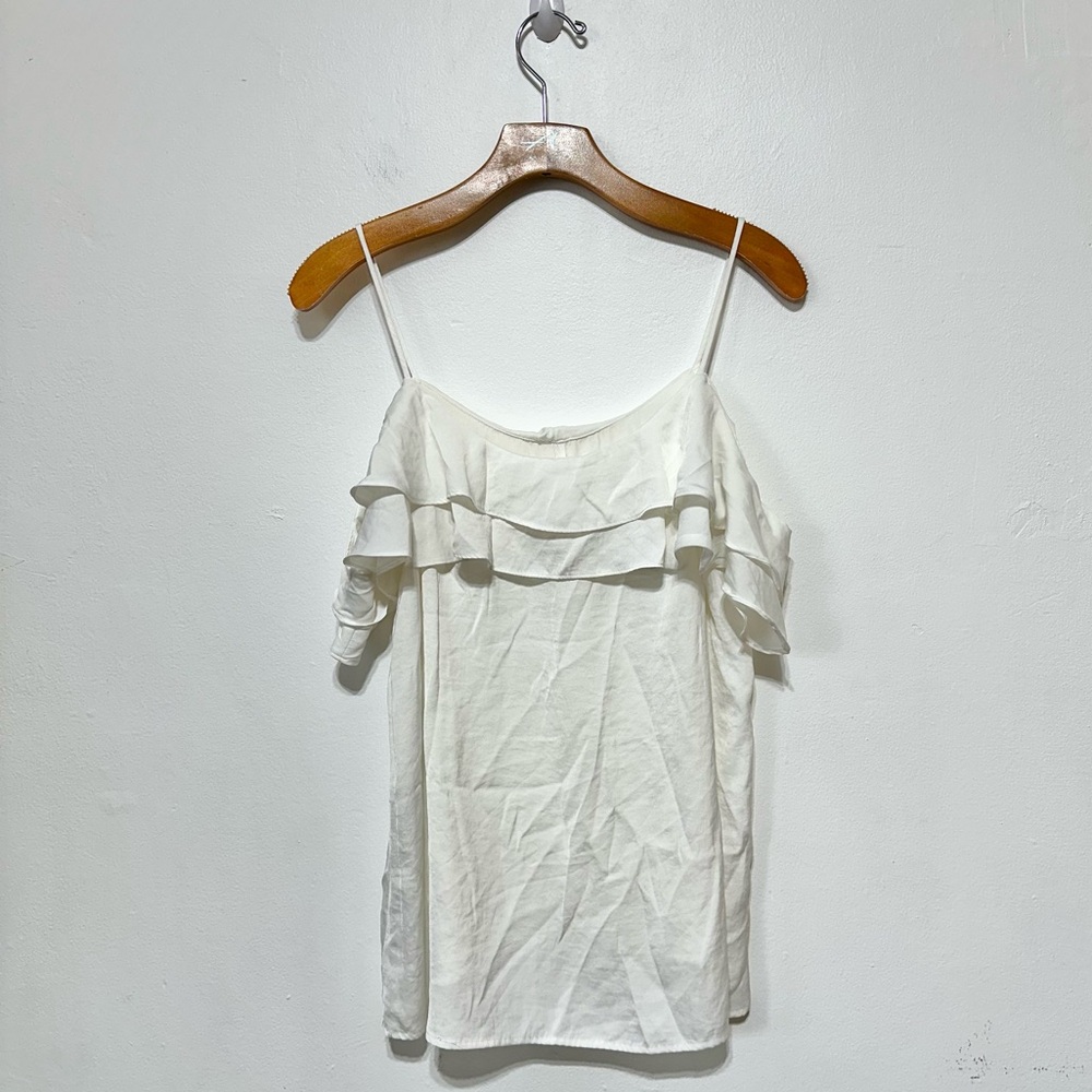 Promod EUC White Ruffle Off The Shoulder Satin Blouse Size Large